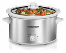  Silver 4-quart Hamilton Beach slow cooker with black handles and glass lid on white background.