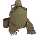 Stansport 1-quart GI style military green canteen with a matching canvas cover and adjustable shoulder strap, ideal for outdoor use.