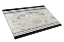 A rectangular challah board with a grey marble-like design in the center, bordered by black and decorative silver-grey stripes. Hebrew text is embossed on the marble-like surface.