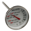 A round, analog meat thermometer with a stainless steel probe and a white face with pre-marked temperature guides for different meats.