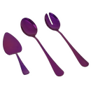 Set of three purple stainless steel serving utensils, including a cake server, serving spoon, and salad fork, with a polished finish.