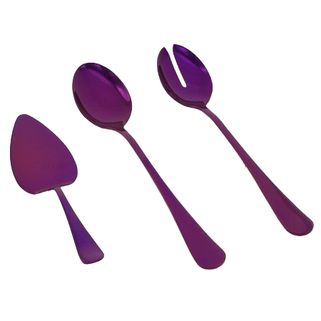 Elyon Tableware 3-Piece Purple Holographic Flatware Serving Spoons Stainless Steel Hostess Set Reflective Mirror Finish Salad Servers with Complimen