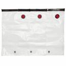 Three clear Zwilling Fresh & Save vacuum food storage bags with red vacuum valves and black zip closures.
