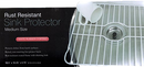 A white, medium-sized, rectangular wire grid sink protector with a rubber coating and a central drainage hole.