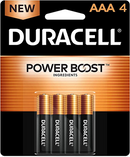 Pack of four Duracell Power Boost AAA batteries with black and copper design, arranged neatly on a white background.