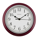 9-inch round burgundy wall clock with large analog display on a white background.