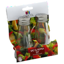 Clear cylindrical salt and pepper shakers with plastic tops, each with a 3 oz capacity, shown on a white background.