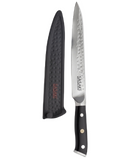 A professional 8-inch slicer knife with a hammered stainless steel blade, a black handle, and a black protective sheath.