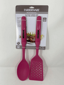 This is a Farberware Professional Slotted Turner and Basting Spoon Set, still in its original packaging. The utensils are a vibrant magenta or fuchsia color, featuring what appear to be silicone or nylon heads and comfortable handles. The packaging indicates they are heat resistant and suitable for non-stick cookware.