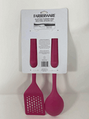 This is a Farberware Professional Slotted Turner and Basting Spoon Set, still in its original packaging. The utensils are a vibrant magenta or fuchsia color, featuring what appear to be silicone or nylon heads and comfortable handles. The packaging indicates they are heat resistant and suitable for non-stick cookware.