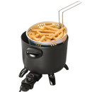 A black electric multi-cooker with a nonstick interior, short legs, a glass lid, and a detachable black temperature control probe.