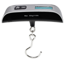 Compact silver and black scale for weighing luggage with a clear digital readout.