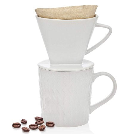 Godinger Pour Over Coffee Maker Dripper and Coffee Mug Brew Set, Bone China - 14oz