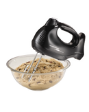 Black 6-speed electric hand mixer with stainless steel beaters.