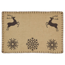 A rectangular, rustic burlap-style placemat with a whipstitched border. The placemat is decorated with two dark brown stenciled reindeer and three snowflakes.