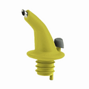 Green silicone dripless pouring spout with lid, designed for oil bottles, on a white background.