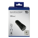 Boxed Newtech car charger with two USB ports, enabling simultaneous charging of two devices at 10W and 2.1 Amps.
