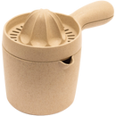 A tan-colored Starfrit Gourmet Eco Juicer with a large container, a reamer, a built-in strainer, and an integrated pouring spout.