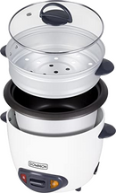 Dominion multi-function rice cooker and food steamer with a white base, black inner pot, and aluminum steaming tray. Features a glass lid with a handle, side grips, and indicator lights for cooking and warming. Ideal for steaming vegetables, cooking rice, and preparing one-pot meals.