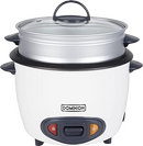 Dominion multi-function rice cooker and food steamer with a white base, black inner pot, and aluminum steaming tray. Features a glass lid with a handle, side grips, and indicator lights for cooking and warming. Ideal for steaming vegetables, cooking rice, and preparing one-pot meals.