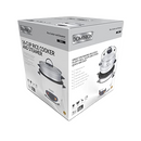 Dominion multi-function rice cooker and food steamer with a white base, black inner pot, and aluminum steaming tray. Features a glass lid with a handle, side grips, and indicator lights for cooking and warming. Ideal for steaming vegetables, cooking rice, and preparing one-pot meals.