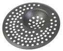 Round, dark gray sink strainer with numerous small holes.