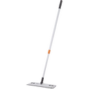 A slim, flat floor mop with a grey plastic handle, a silver aluminum telescoping pole with an orange clip, and a rectangular flat mopping head.