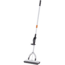 A gray and white flat floor mop with an extendable aluminum handle, an orange adjustment clip, and a rectangular gray microfiber mop head.