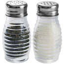 Home Basics beehive-style clear glass salt and pepper shakers with silver metal tops, shown on a white background.