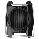 Black multipurpose egg slicer with stainless steel wires and non-slip base, shown open with an egg inside on a white background.