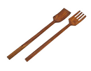 A pair of wooden salad servers, consisting of a solid spatula-like spoon and a four-pronged fork, both with rich brown wood grain.