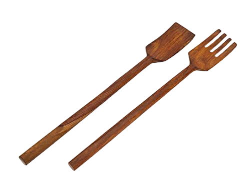 A pair of wooden salad servers, consisting of a solid spatula-like spoon and a four-pronged fork, both with rich brown wood grain.