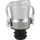 A silver and black wine accessory that functions as both a stopper and a pourer, featuring clear side handles and a curved spout.