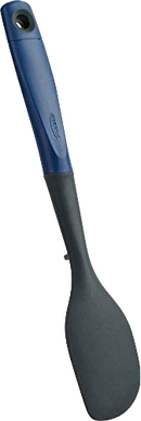 A flexible spatula with a dark gray silicone head and a long, dark blue ergonomic handle, safe for non-stick cookware.