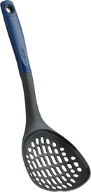 Durable Trudeau Nylon Cooking Skimmer featuring a comfortable blue handle and slotted head for efficient draining.