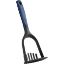 Blueberry and grey silicone potato masher with ergonomic handle.