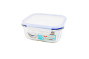 A transparent rectangular glass food storage container with a blue-rimmed airtight plastic lid. The container has secure locking clips on the sides and a label indicating it is oven-safe, microwave-safe, and BPA-free.