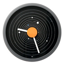 16-inch metal wall clock featuring a solar system design with planets orbiting a bright orange sun at the center, displayed on a white background.