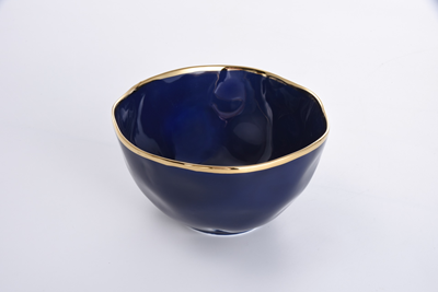 Ceramic Large Bowl Blue with Gold Band