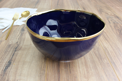 Ceramic Large Bowl Blue with Gold Band