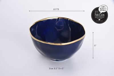 Ceramic Large Bowl Blue with Gold Band