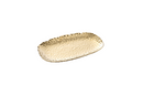 A top-down, slightly angled shot of a Pampa Bay Small Gold Serving Platter. The platter is rectangular with rounded corners and features a hammered, textured surface that gives it a dimpled appearance. Its edges are uneven and organic, and it has a shiny, reflective gold finish. The platter is positioned on a plain white or light gray background.
