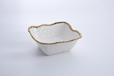 Ceramic Large Square White with Gold Beads Salad Bowl