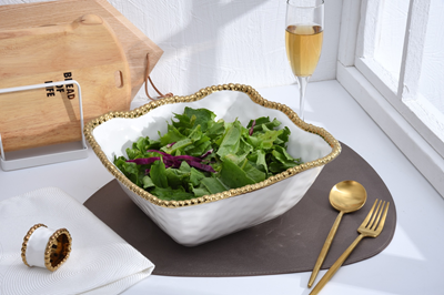 Ceramic Large Square White with Gold Beads Salad Bowl
