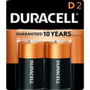 A blister pack containing two Duracell brand D-size batteries. The packaging is black and orange and prominently features the "Duracell" logo and the text "GUARANTEED 10 YEARS IN STORAGE."
