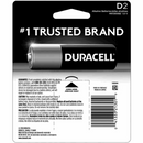 A blister pack containing two Duracell brand D-size batteries. The packaging is black and orange and prominently features the "Duracell" logo and the text "GUARANTEED 10 YEARS IN STORAGE."