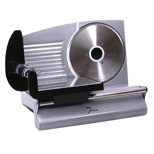 A front-on view of a silver-colored electric meat slicer. The slicer has a large, circular, serrated blade on the right side. To the left of the blade is a sliding tray with a black handle and a clear, textured plastic food press. The base of the machine is also silver and features a brand name, "Dominion," in a small, stylized font on the front.