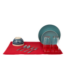 The mat appears to be made of a soft, absorbent material like microfiber or cotton. It has a bright red color and a textured surface that might be ribbed or waffle-like to enhance drying. The mat is rectangular and medium-sized, large enough to accommodate a few dishes and cutlery.