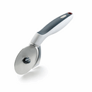 A stainless steel pizza wheel cutter with an ergonomic gray and white handle, shown at an angle.