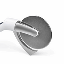 A stainless steel pizza wheel cutter with an ergonomic gray and white handle, shown at an angle.